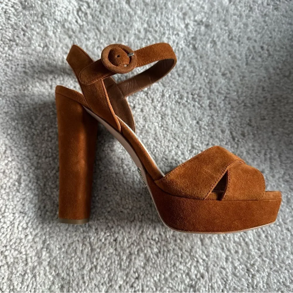 100% AUTHENTIC PRADA WOMENS CAMOSCIO SUEDE PLATFORM HEELED SANDALS SZ 5.5